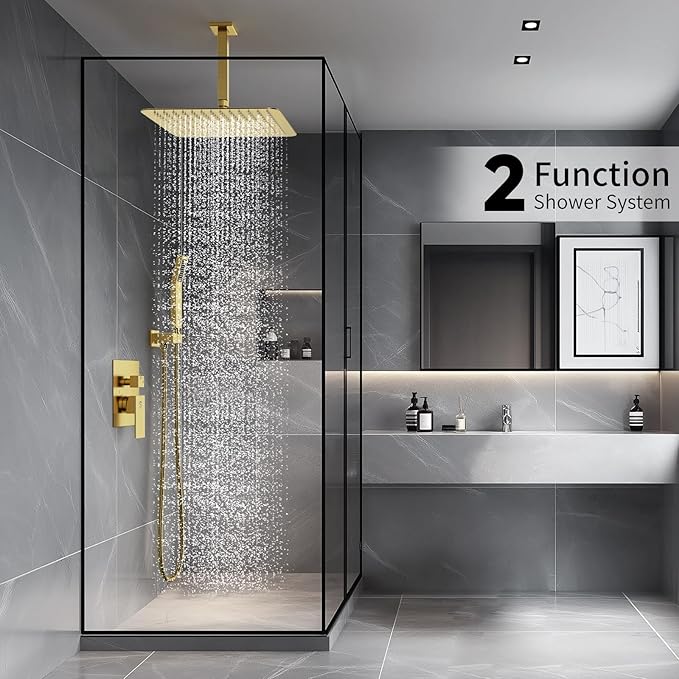 SR SUN RISE 12 Inch Ceiling Mounted Shower System Rain Mixer Shower Combo Set Rainfall Shower Head System Brushed Gold Shower Faucet Trim Repair Kits with Shower Rough-in Valve Body and Trim