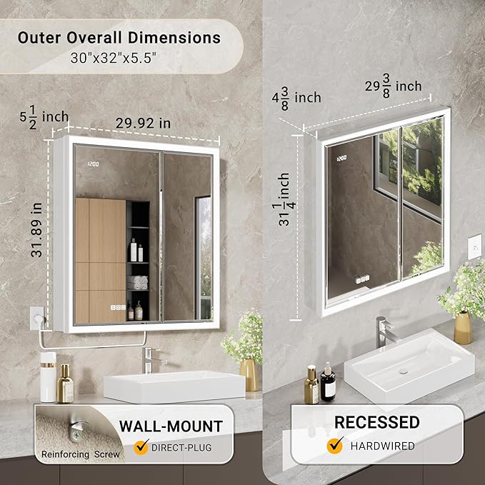 30x32 Beveled Lighted Medicine Cabinet with Mirror & Lights, Surface or Recessed Mirrored Medicine Cabinet with Outlet & Clock, Anti-Fog Dimmable LED Storage Cabinet, Built-in Sensor Light