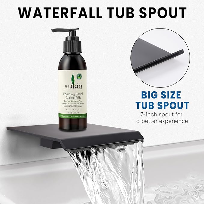 Wall Mounted Shower Faucet Set, Shower System with Tub Spout, 10 Inch Rainfall Shower Head with Handheld Spray, Waterfall Tub Spout Bathtub Faucet, Black