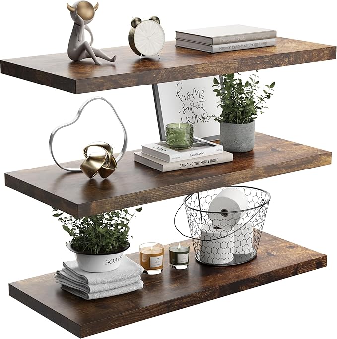 Wall Shelf Set of 3, Rustic Brown Floating Shelves 36 in W x 10 in D x 1 in H, Wooden Floating Wall Shelf with Invisible Brackets for Living Room/Bedroom/Bathroom/Kitchen Storage and Decor