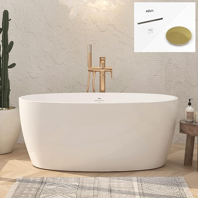FerdY Tahiti 55" Acrylic Freestanding Bathtub, Elegant Oval Shape Soaking Bathtub, Glossy White, Polished Gold Drain & Integrated Slotted Overflow Assembly Included cUPC Certified