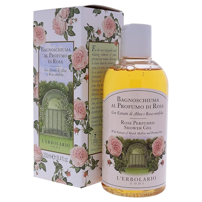 L'Erbolario Perfumed Shower Gel – Soothing Body Soap with Marsh Mallow – Protecting and Toning Body Wash with Amber Floral Fragrance - Rose - 8.4 oz