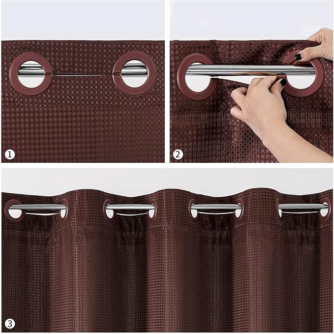 MitoVilla Brown Waffle Long Shower Curtain Liner Set 72 x 80, No Hooks Needed 80 inch Long Heavyweight Fabric Shower Curtain Set with Snap-in Liner for Hotel Grade Spa-Like Bathroom Decor