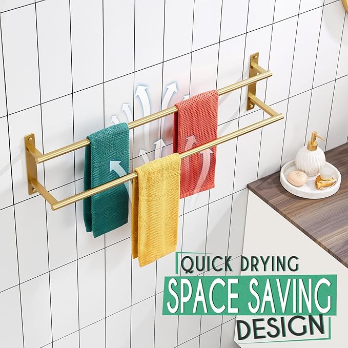 KOKOSIRI 32 Inch Bathroom Towel Racks Double Towel Bar Bath Towel Holder Towel Hanger Towel Shelf Wall Mount Stainless Steel Brushed Gold B5010BG-L32