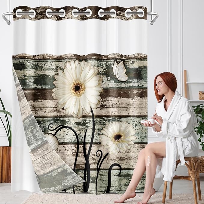 No Hook Vintage Flower Shower Curtain with Snap in Fabric Liner Set, Daisy Wooden Boards Double Layers Waterproof Fabric with See Through Top Window Open Grommet Bath Curtain 54x80 Inch