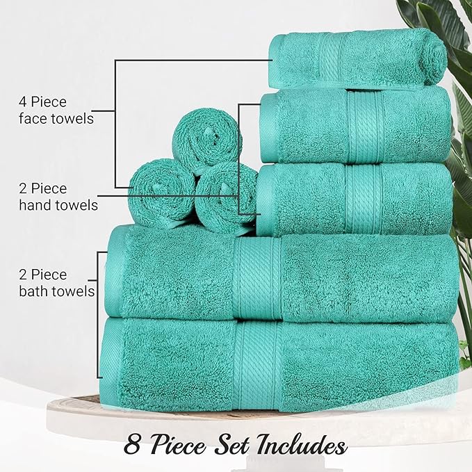 BLUENILEMILLS Madison Egyptian Cotton Towels, Towel Set for Bathroom, Shower, Hotel, Plush, 800 GSM, Highly Absorbent and Ultra-Soft Towels, Bath Essentials, 8 Piece Assorted Towel Set, Turquoise