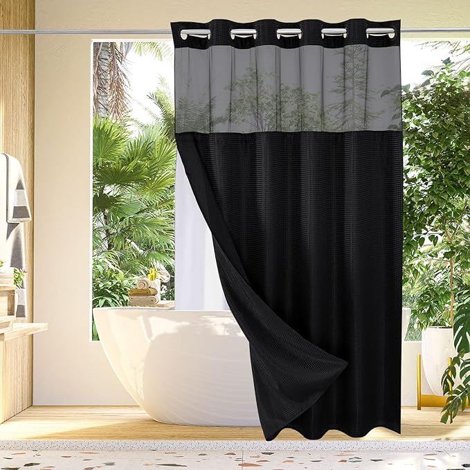 Gibelle Extra Long Shower Curtain 72x86, Waffle Weave Bathroom Shower Curtain with Snap-in Fabric Liner Set, No Hooks Needed, Hotel Style with Mesh Top Window, Black
