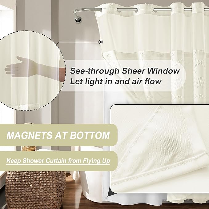 No Hooks Shower Curtain with Snap-in Liner, Beige Boho Fabric Tufted Chevron Striped Textured Shower Curtains for Bathroom, Water Repellent Hotel Quality Luxury Shower Curtain, 72Wx74H