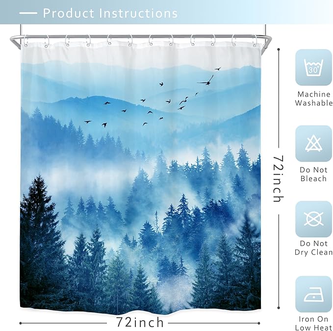 Riyidecor Navy Blue Shower Curtain，Mountain Nature Woodland Scenery，Park Scene View Natural Foggy Pine Tree Alpine Cool Designer Bathroom Decor Fabric Polyester Waterproof 12 Pack Hooks 72Wx72H Inch