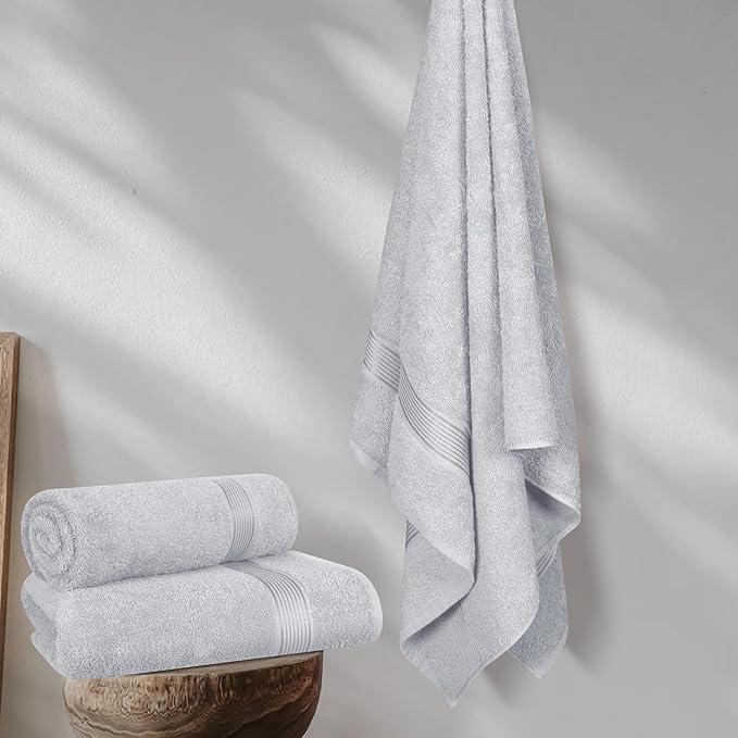 Elvana Home Cotton 2 Pack Oversized Bath Towel Set 28x55 inches, Large Bath Towels, Ultra Absorbant Compact Quickdry & Lightweight Towel, Ideal for Gym Travel Camp Pool - Light Grey
