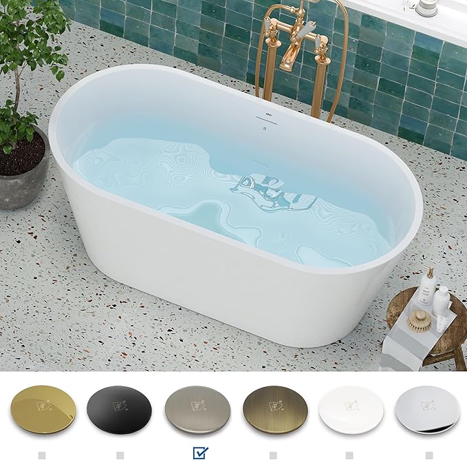 FerdY 59" Shangri-La Elite, Acrylic Freestanding Bathtub, Modern & Contemporary Design Soaking Tub with Brushed Nickel Pop-Up Drain and Minimalist Design Overflow, Glossy White, cUPC Certified