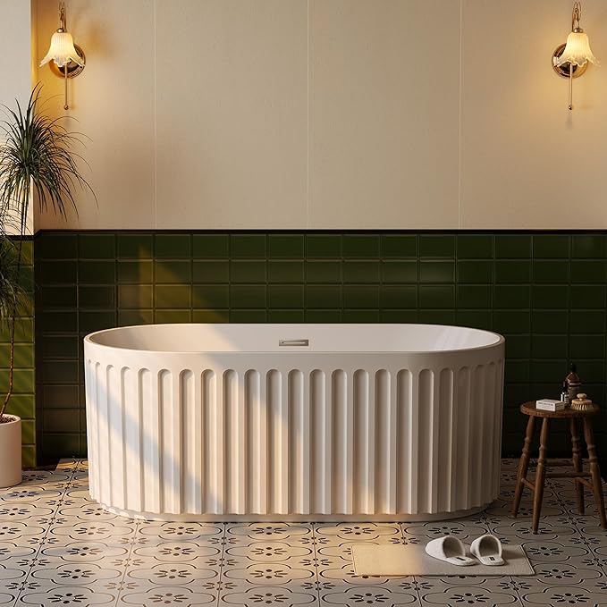 GarveeLife Freestanding Bathtubs 67 inch White Acrylic Free Standing Soaking Tub – Sleek Striped Design with Integrated Overflow, Pop-Up Drain & Hidden Pipe, Perfect for Contemporary Bathroom Décor