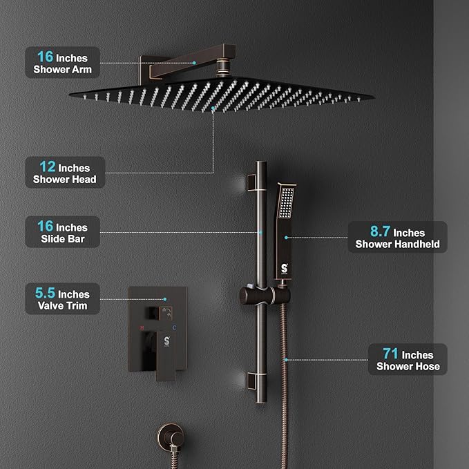 SR SUN RISE 12 Inch Oil Rubbed Bronze Shower Faucet Set, Wall-Mount Adjustable 16-Inch Slide Bar with Square Hand Shower System Included Valve and Trim Kit