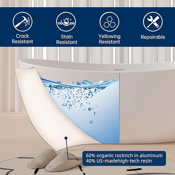 55'' High-back Freestanding Solid Surface Resin Stone Bathtub, Freestanding Tub, Contemporary Design Stand Alone Tub with Pop-up Drain and Overflow, Matte White (Oval)