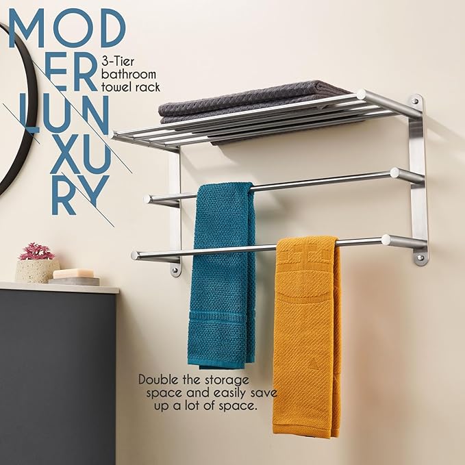 KOKOSIRI 3 Tier Bath Towel Bar 24 Inch Wall Mounting Rack with Towel Bars Towel Shelf with Single Towel Bar Bathroom Ladder, Brushed Steel, B5003BR
