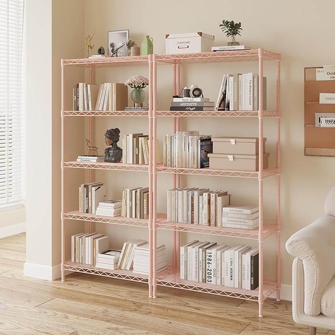 5 Tier Storage Racks Shelving, Heavy Steel Pantry Shelves, Adjustable Wire Shelving Rack, Suitable for Garage, Kitchen, Bathroom, Office, 29" W x 13.4" D x 59" H, Pink