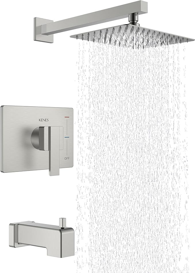 KENES Brushed Nickel Tub Shower Faucet Set Complete, Tub and Shower Trim Kit with 10-Inch Rain Shower Head, Square Shower System, KE-6024A (Shower Valve Included)