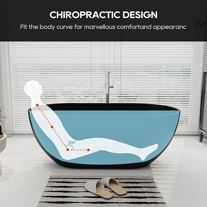SJ STAR&JANE 59" Solid Surface Freestanding Bathtub Oval Stone Resin Soaking Tub Modern Stand Alone Tub with Overflow & Pop-up Drain, Matte Black for Bathrooms