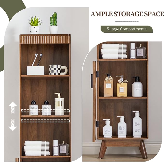 68" Tall Bathroom Storage Cabinet,Narrow Fluted Tower Cabinet with Door and Shelves,Slim Space Saving Storage Unit for Bathroom Kitchen Living Room (Walnut, 11.8" D x 15.75" W x 68" H)