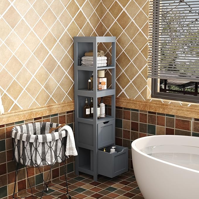 HOMEFORT Bathroom Storage Cabinet, Slim Tall Cabinet, Narrow Floor Cabinet Organizer, Wooden Linen Tower with 2 Drawers and 3 Shelves, Freestanding Storage Cupboard Grey