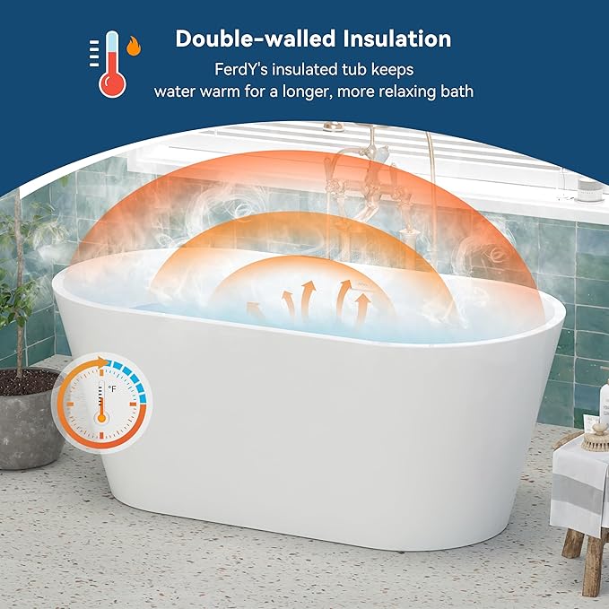 FerdY 59" Shangri-La Elite, Acrylic Freestanding Bathtub, Modern & Contemporary Design Soaking Tub with Polished Chrome Pop-Up Drain and Minimalist Design Overflow, Glossy White, cUPC Certified