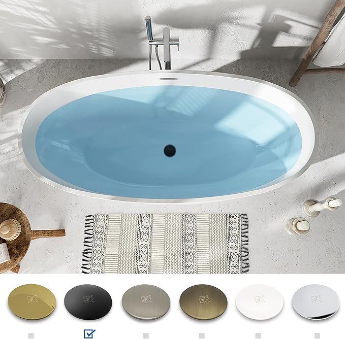 FerdY Tahiti 67" Freestanding Bathtub Elegant Oval Shape, Glossy White Double Walled Insulation bathtub with Center Matte Black Drain, cUPC Certified