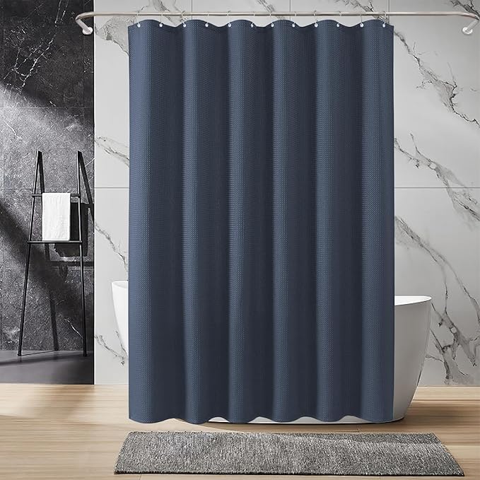Inhousolu Fabric Shower Curtain Waffle Weave, Navy Blue 230 GSM Heavy Duty, Weighted Hem, 14 Metal Hooks, Water Repellent, Machine Washable, Hotel Spa Luxury Bath Curtain Set, 72 x 72 Inch