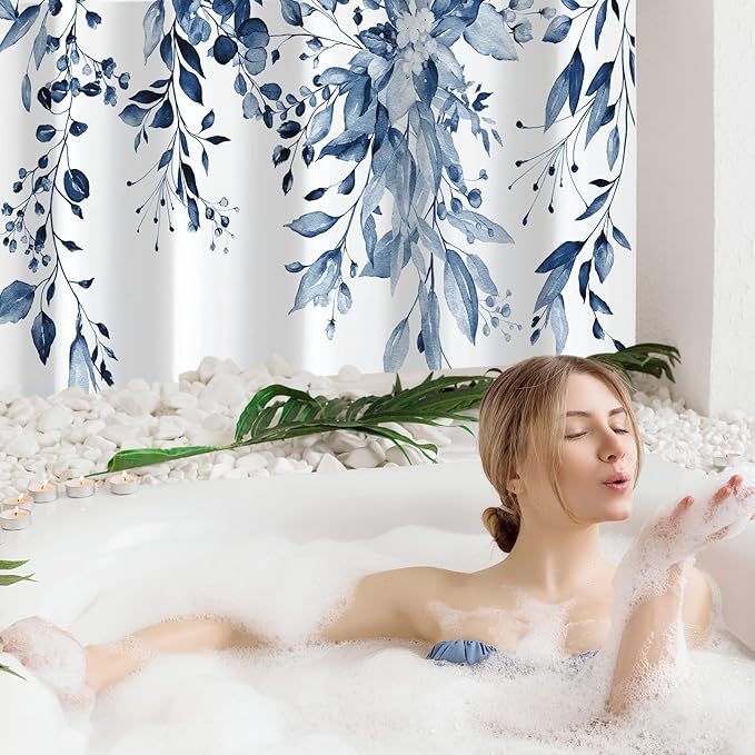Gibelle Long Shower Curtain 72 x 78, Navy Blue Floral Shower Curtain for Bathroom, Watercolor Plant Eucalyptus Leaves Fabric Shower Curtain Set