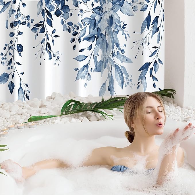 Gibelle Navy Blue Eucalyptus Shower Curtain, Watercolor Plant Leaves with Floral Bathroom Shower Curtain Set, 72x72