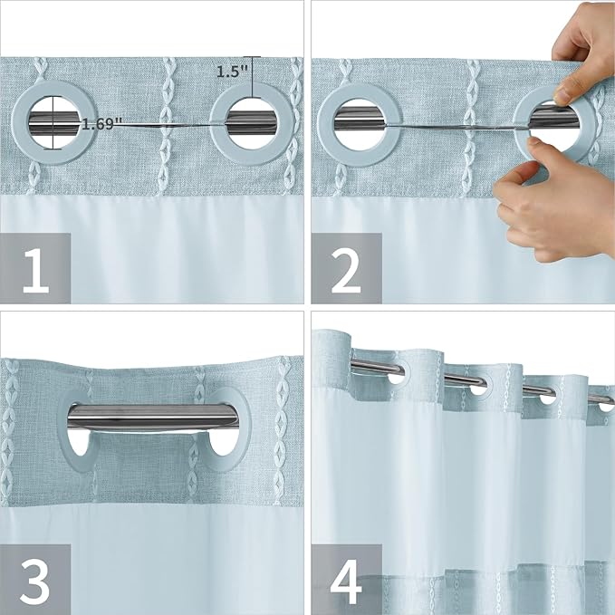 No Hook Long Shower Curtain Set with Snap-in Fabric Liner,Linen Textured Thick Striped Fabric with Tassels,Boho Farmhouse Rustic Luxury Bathroom Curtain,Water-Repellent,Fog Blue,71x80