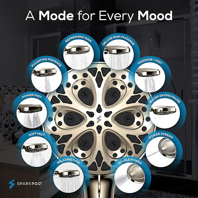 SparkPod 10-Mode Handheld Shower Head with Filter - 5" High Pressure Filtered Shower Head with Touch-to-Clean Nozzles, Built-In Power Jet, Stainless Steel 6ft Hose & Bracket (Brushed Nickel)