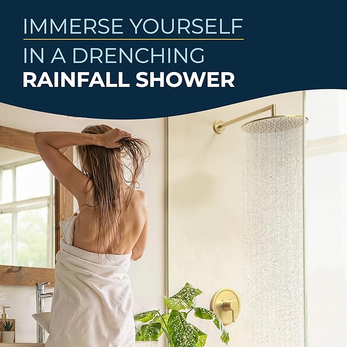HammerHead Showers® Solid Metal 12 Inch Rainfall Shower Head, Large Rain Shower Head, 2.5 GPM High Flow Shower Head Optimized for Pressure, Wall-Mounted or Ceiling Rain Shower Head, Brushed Gold