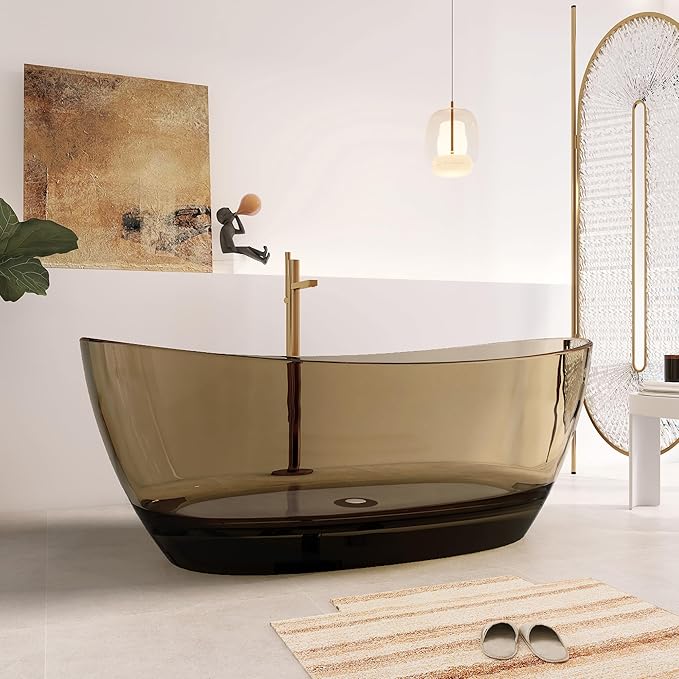 65" Premium Solid Surface Freestanding Bathtub, Contemporary Design Stand Alone Stone Resin Tub with Overflow and Pop-up Drain, Transparent Brown