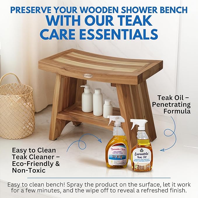 EcoDecors 24 Inch Serenity Teak Shower Bench – Waterproof Bathroom Seat with Large Storage Shelf For Adults & Seniors | Spa-Style Teak Wood Stool with Non-Slip Feet, Elegant Finish, 300 Pound Capacity