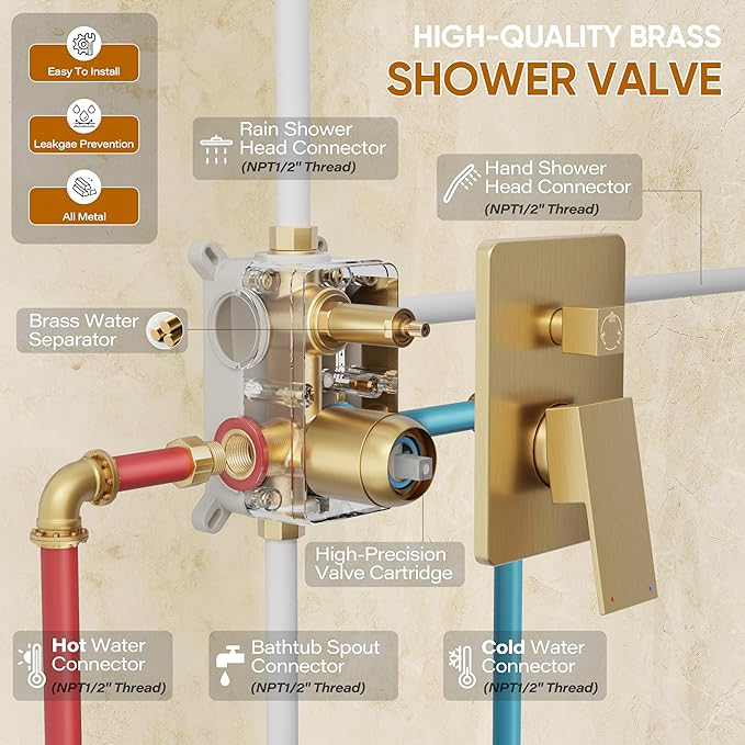 Gold Shower System with Tub Spout, All Metal Tub Shower Faucet Set with 10" Rain Shower Head and Handheld Spray combo, Wall Mounted Tub Shower Systems with Valve and Trim Kit, Brushed Gold