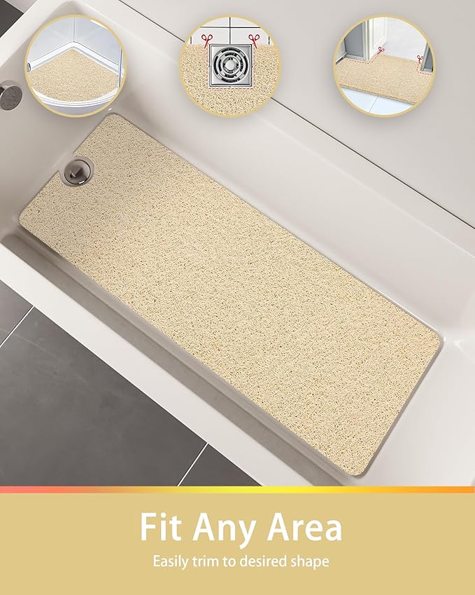 Beige Non Slip Square Shower Mat 24x24 Inch for Bathtub and Shower, Anti Slip Bath Mat for Textured Surfaces, Loofah Foot Scrubber, Safety Mat for Walk in and Stand Up Showers, Quick Drying