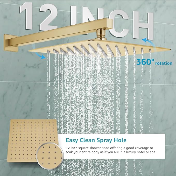 gotonovo Rainfall Bathroom Shower System Rain Shower Head and Handle Set Wall Mounted Shower Complete Combo Solid Brass Pressure Balancing Shower Mixer Valve 12 Inch Brushed Gold