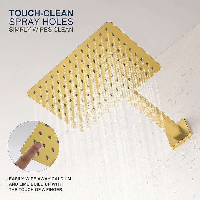 KENES Brushed Gold Shower Faucet, Modern Square 10-Inch Shower Head and Handle Set, Bathroom Rainfall Shower System Wall Mount, KE-6024B-4 (Including Shower Valve)