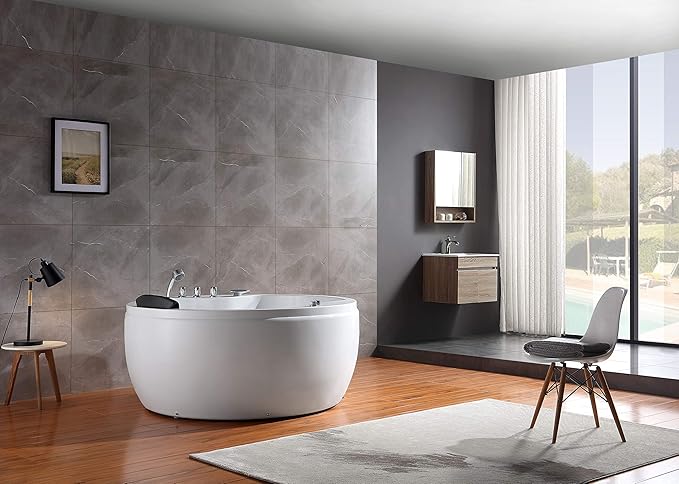 Empava 59 in. Acrylic Freestanding Whirlpool Bathtub - Hydromassage Round Jetted Soaking Tub with Right Side Drain - Waterfall Faucet , White