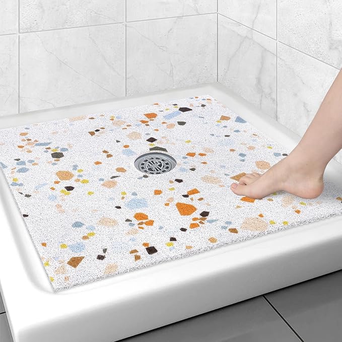 Square Shower Mat Non Slip: 31x31 Inch Shower Floor Mat with Drain Hole in Middle, Super Soft and Comfortable PVC Loofah Massage Bath Mat for Shower, Anti Slip Shower Stall Mat, Quick Drying