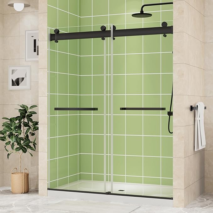 DELAVIN 44-48" W x 75" H Double Sliding Shower Door, Black Shower Door, 1/4" (6mm) SGCC Tempered Glass, Noiseless Shatterproof Shower Doors with Square Rail, Stainless Steel, Aluminum