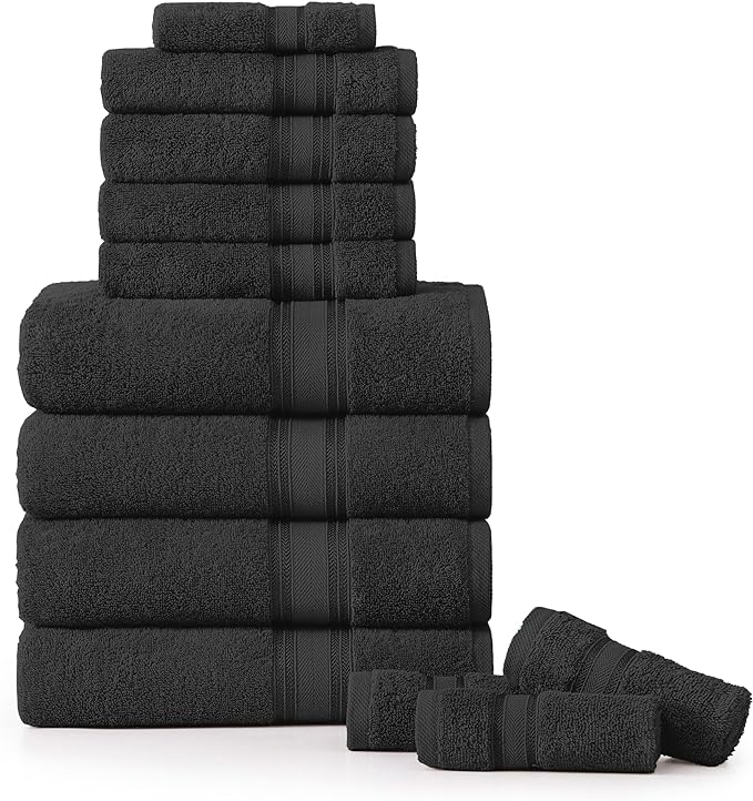 LANE LINEN 12 Pack Premium Towels for Bathroom – 100% Cotton, Zero Twist, 4 Bath, 4 Hand Towel & 4 Wash Cloths, Highly Absorbent, Remains Soft After Wash, Hotel & Spa Quality – Black