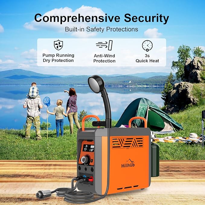 Hillhub Camping Portable Instant Hot Water Heater On Ground, Propane Water Heater with Water Pump & Showerhead, Outdoor Use Only with Overheating Protection, Built-in Battery for Showering & Cleaning