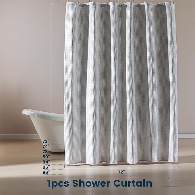 SLEEP ZONE Shower Curtain Liner, Waffle Shower Curtains for Bathroom, Heavy Duty Thick Fabric Shower Curtains - 285GSM Luxury Weighted Polyester Bath Curtain, 72" W x 78" L (White)