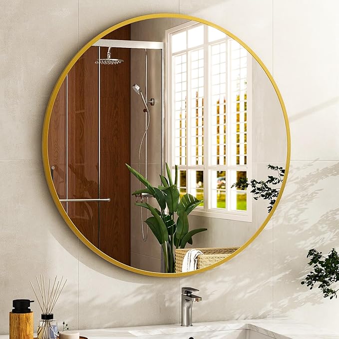 24 Inch Round Bathroom Mirror - Gold Wall Mounted Circle Mirror with Metal Frame, Modern Round Hanging Mirror Suitable for Bathroom, Vanity, Entryway, Living Room