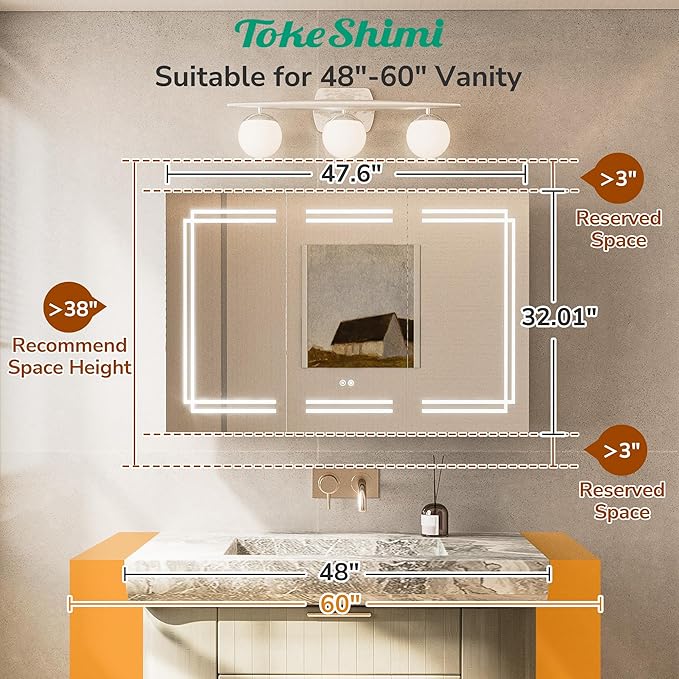 TokeShimi 48 x 32 Lighted Bathroom Medicine Cabinet with Mirror Tempered, 3 Color LED Mirror with Storage with Stepless Dimming, CRI 80+ Anti-Fog, Memory Funtion, Wall Mirrored Medicine Cabinet