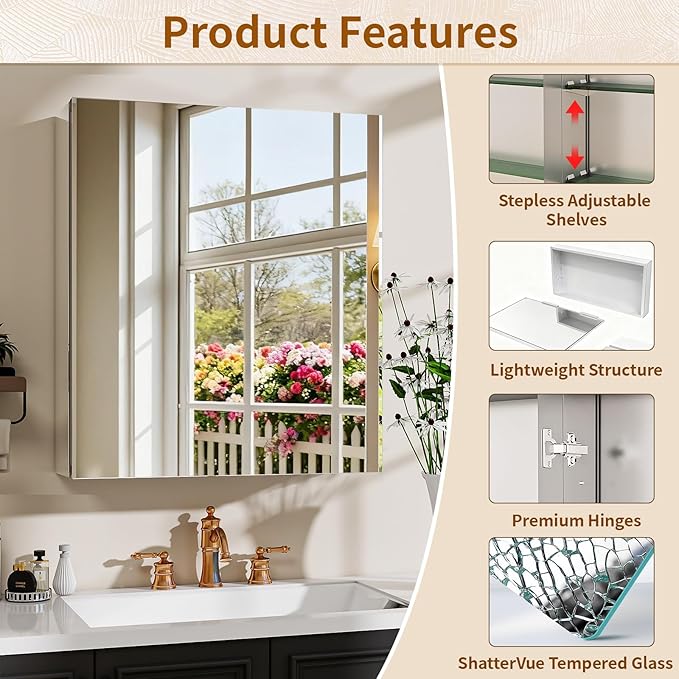 BEAUTYPEAK 20 x 24 Inch Medicine Cabinet with Mirror, Wall Mounted Bathroom Mirror Cabinet, Medicine Cabinet Mirror with Storage & Adjustable Shelves