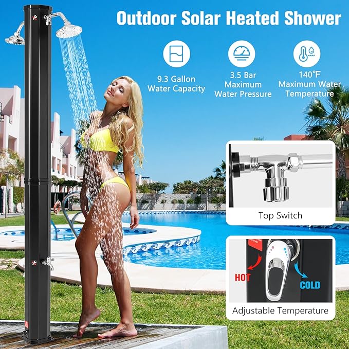 Goplus 9.3 Gallon Solar Heated Outdoor Shower, 7.2 FT Freestanding Garden Shower with Dual Swivel Shower Heads & 2 Foot Showers, Adjustable Temperature,for Poolside Backyard Beach