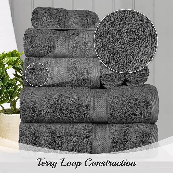 BLUENILEMILLS Madison Egyptian Cotton Towels, Towel Set for Bathroom, Shower, Hotel, Plush, 800 GSM, Highly Absorbent and Ultra-Soft Towels, Bath Essentials, 8 Piece Assorted Towel Set, Charcoal