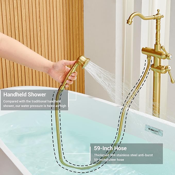 Freestanding Tub Faucet Sets, JetsBath Floor Mount BathTub Filler with 360° Swivel Spout & Handheld Sprayer, Brushed Gold Floor Mount Bathtub Faucet Single Handle with Supply Hose